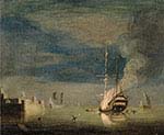 A Two-Decker on Fire at Night off a Fort